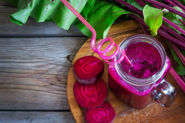 istock Fresh Smoothies of beet with a glass jar, selective focus 658835134