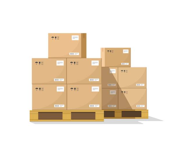 ilustraciones, imágenes clip art, dibujos animados e iconos de stock de cajas en vectores plataforma boscosa, cajas de cartón parcela plana almacén pila vista frontal - caja de cartón