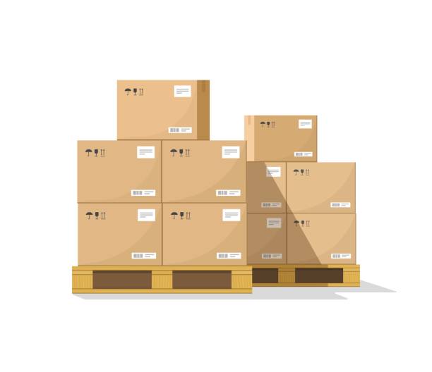 ilustrações de stock, clip art, desenhos animados e ícones de boxes on wooded pallet vector, flat warehouse cardboard parcel boxes stack front view - cardboard box