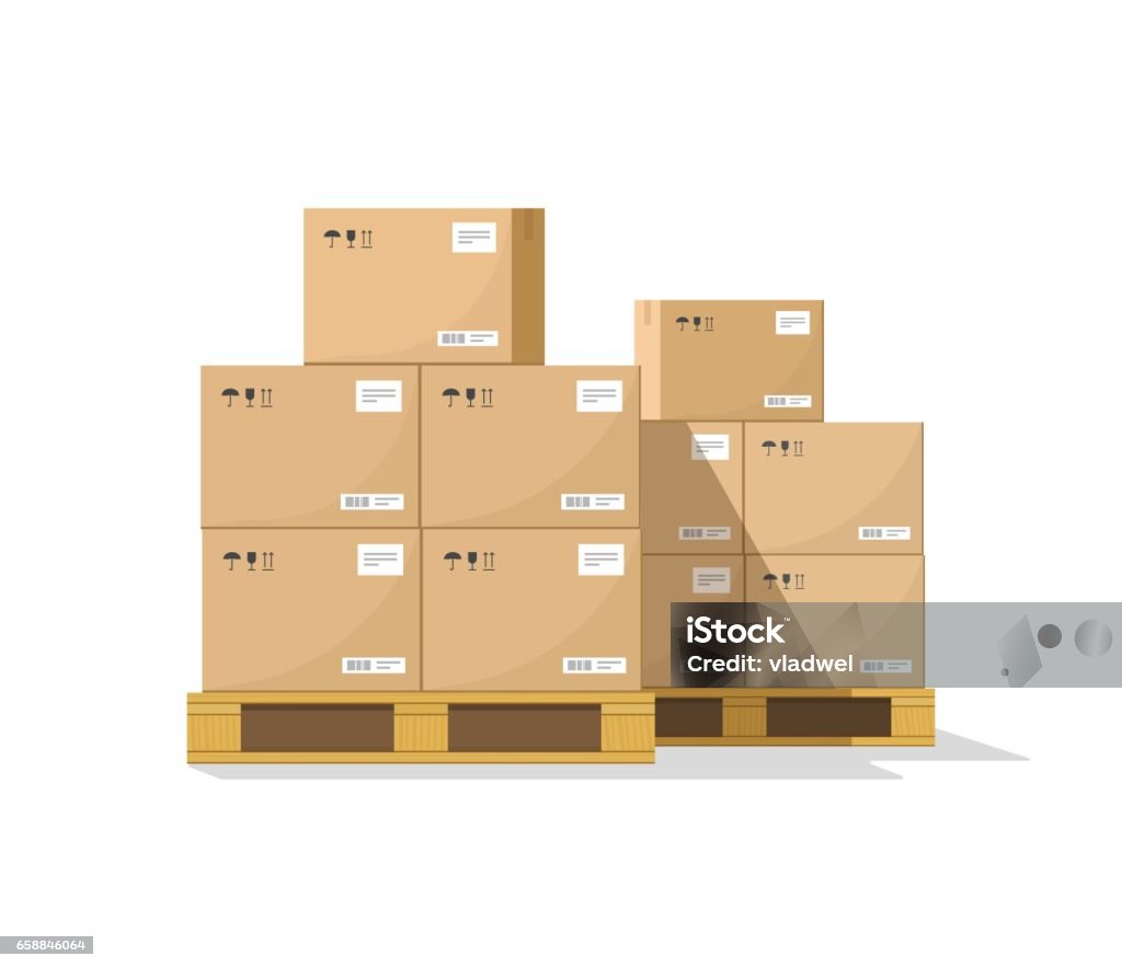 Boxes on wooded pallet vector, flat warehouse cardboard parcel boxes stack front view Boxes on wooded pallet vector illustration, flat style warehouse cardboard parcel boxes stack front view Box - Container stock vector