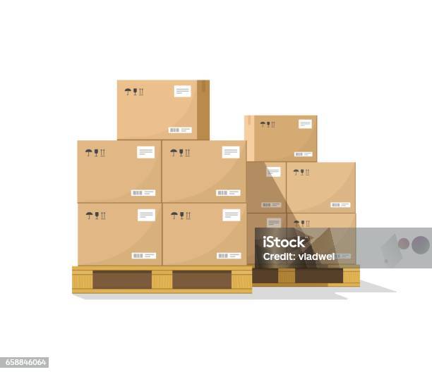 Boxes On Wooded Pallet Vector Flat Warehouse Cardboard Parcel Boxes Stack Front View Stock Illustration - Download Image Now