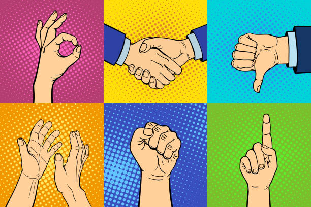 Hands showing deaf-mute different gestures human arm hold communication and direction design fist touch pop art style colorful vector illusstration Hands showing deaf-mute different gestures human arm hold communication and direction design fist touch pop art style colorful vector illusstration. Forefinger unity point showing. sign human hand pointing manual worker stock illustrations
