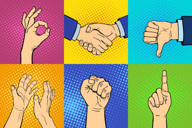 Hands showing deaf-mute different gestures human arm hold communication and direction design fist touch pop art style colorful vector illusstration Hands showing deaf-mute different gestures human arm hold communication and direction design fist touch pop art style colorful vector illusstration. Forefinger unity point showing. popart hand stock illustrations
