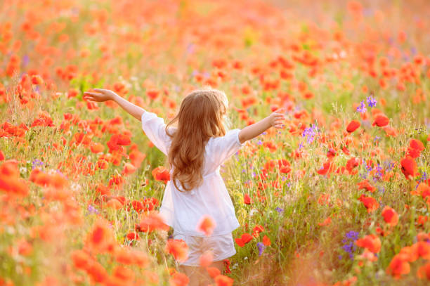 молодая красивая девушка ходить и танцевать через маковое поле, летом на открытом воздухе, тонированные - flower red poppy sky стоковые фото и изображения