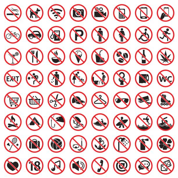 ilustrações, clipart, desenhos animados e ícones de conjunto de ícones de sinais de proibição - sign symbol no forbidden