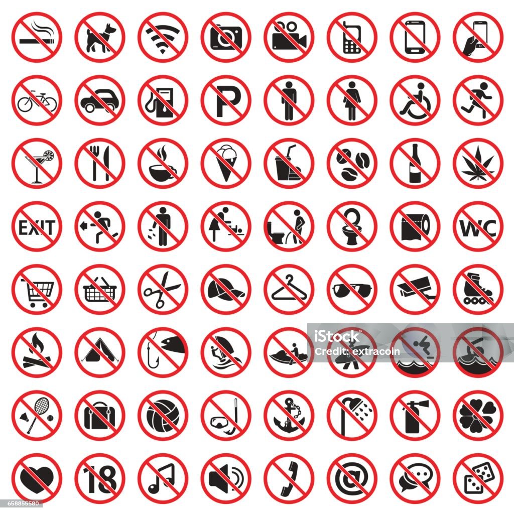 Prohibition signs icon set Prohibited icon set, warning danger prohobited signs Forbidden stock vector