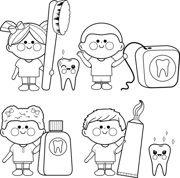 아이 치과 벡터 세트. 색칠도 서 페이지 - dental hygiene dental equipment brushing teeth dental floss stock illustrations