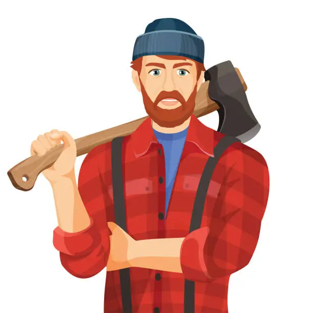 Vector illustration of Axeman with wooden axe isolated on white background. Lumberman