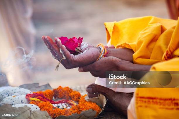Las Flores Sagradas Son Tomadas Para El Culto A Mano En El Río Ganges Foto de stock y más banco de imágenes de Hinduismo