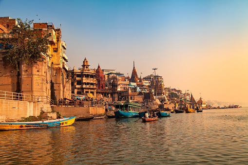 Varanasi, India - December 16, 2015 : Ghats (Banks) on the Ganges River, Hindu holy city on Ganges Ganga, Varanasi, Banaras, Uttar Pradesh, India.