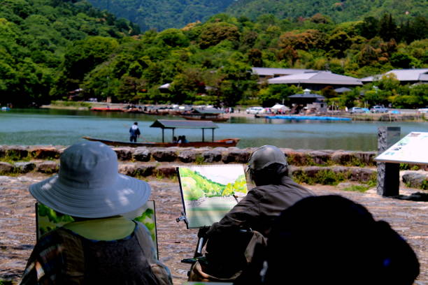 Artists painting a scenery stock photo