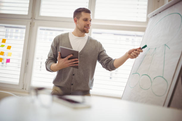 istock Businessman holding digital tablet while giving presentation in office 658877116