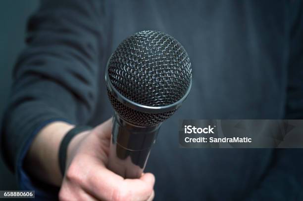 Journalist Making Speech With Microphone And Hand Gesturing Concept For Interview Stock Photo - Download Image Now