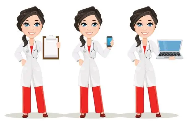 Vector illustration of Doctor woman with stethoscope. Set. Cute cartoon smiling doctor character in medical gown holding smartphone, holding clipboard and holding laptop. Vector illustration. EPS10