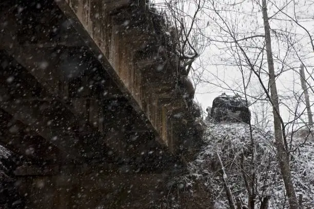 Under the bridge winter snowfall