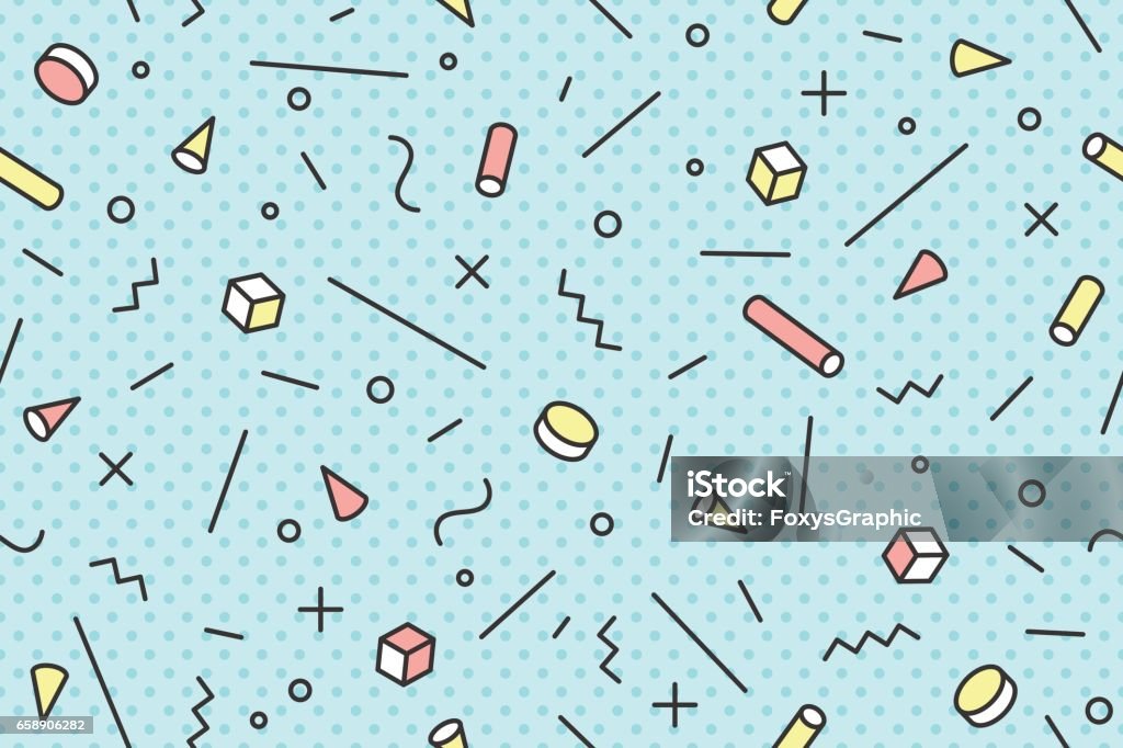 Seamless graphic pattern 80s-90s trendy styles Seamless graphic pattern 80s-90s trendy styles on blue background. Colorful pattern with different shapes objects. Design for wrapping paper, fabric background, wallpaper. Vector illustration Pattern stock vector