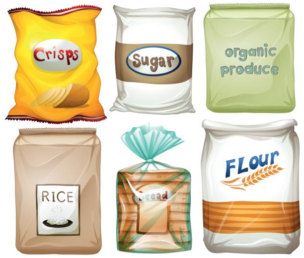 illustrazioni stock, clip art, cartoni animati e icone di tendenza di diversi tipi di cibo in sacchetti - farina
