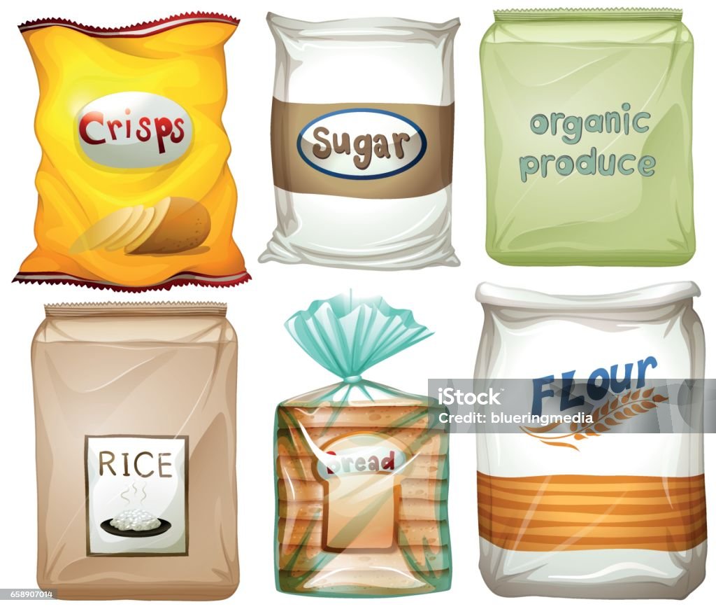 Different types of food in bags Different types of food in bags illustration Flour stock vector