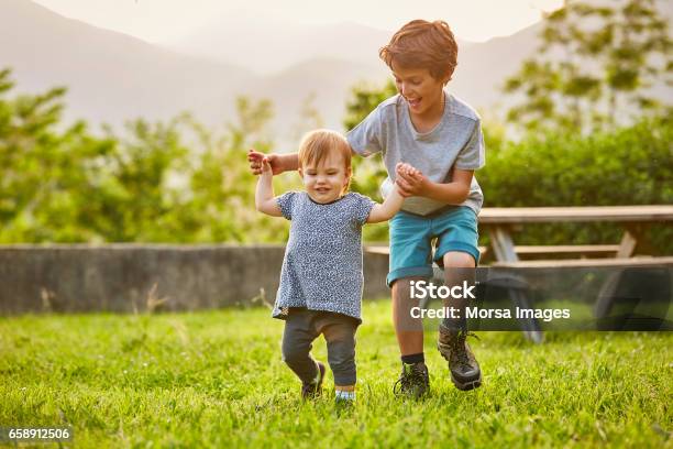 Happy Boy Playing With Toddler On Grassy Field Stock Photo - Download Image Now - Child, Playful, Playing