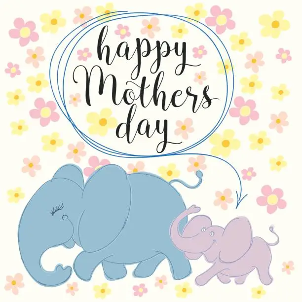 Vector illustration of Happy mother day with elefant and flowers.