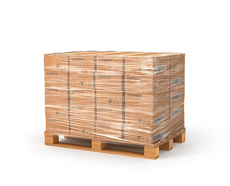 Cajas de cartón en la plataforma de madera. Concepto de entrega. Ilustración Ilustración 3D aislado sobre fondo blanco photo