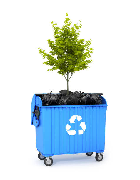 istock Blue dumpster (container) from which peep out trash bags and green tree. 3D illustration 658920906