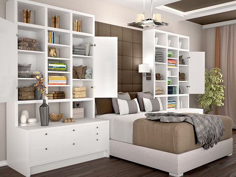 Light and cozy modern bedroom with open cupboards on the sides. Filling of cabinets. 3d illustration