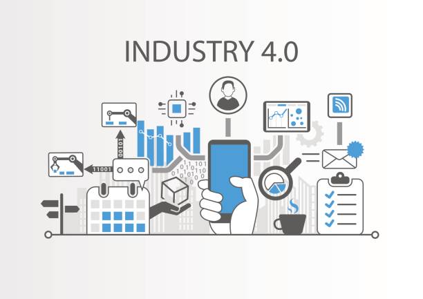 Industry 4.0 vector illustration background as example for internet of things technology Industry 4.0 vector illustration background as example for internet of things technology computer aided manufacturing stock illustrations