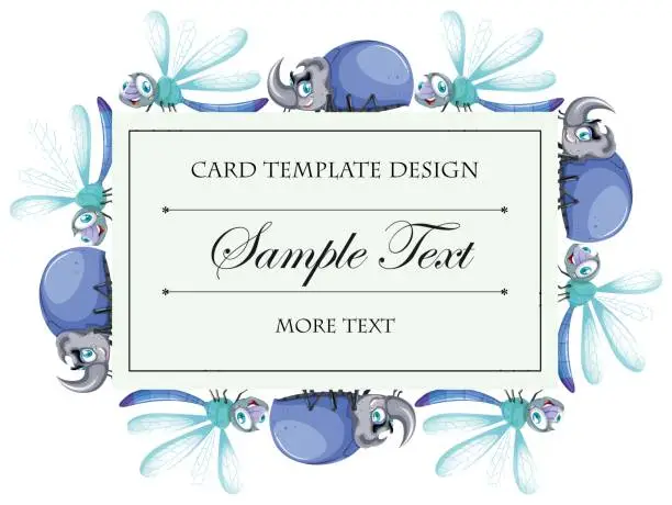 Vector illustration of Card template with beetles and dragonflies