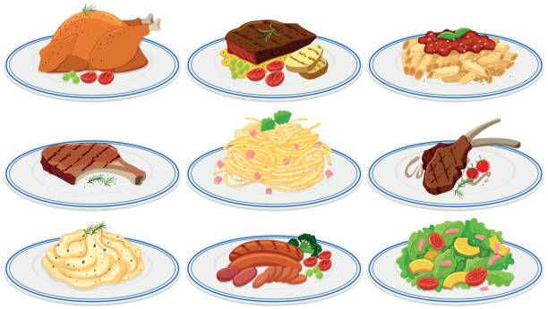 różne rodzaje żywności na talerzach - pork chop illustrations stock illustrations