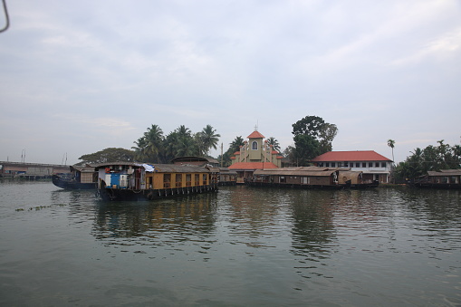 Houseboats dock in alleppey, Kerala, India