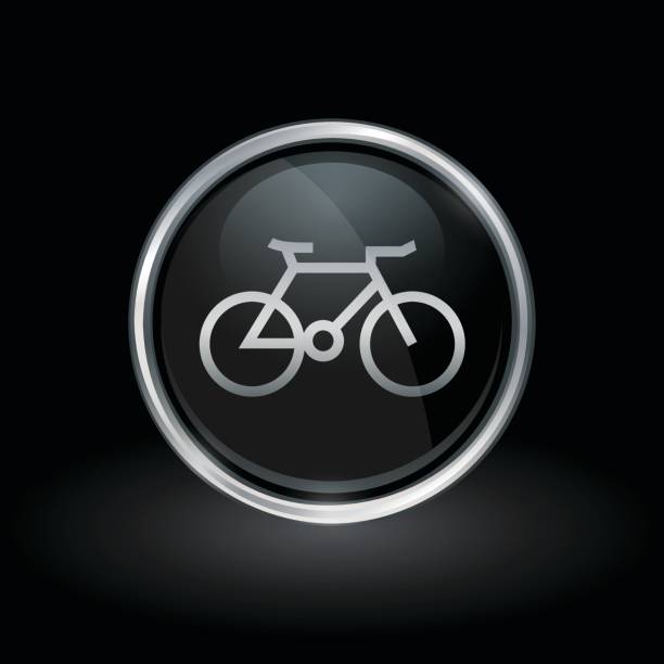 ikona roweru wewnątrz okrągłego srebrnego i czarnego emblematu - chrome bicycle badge sign stock illustrations