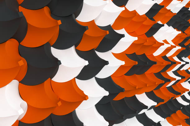 istock Pattern of black, white and orange twisted pyramid shapes 658966834
