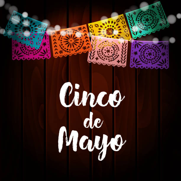 Mexican Cinco de Mayo greeting card, invitation. Party decoration, string of lights, handmade cut paper flags. Old wooden background. Vector illustration. Mexican Cinco de Mayo greeting card, invitation. Party decoration, string of lights, handmade cut paper flags. Old wooden background. Vector illustration. cinco de mayo stock illustrations