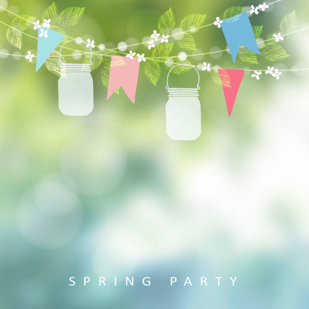 Birthday garden party or festa junina greeting card, invitation. String of lights, paper flags and mason jar lanterns. Blurred vector background, banner. Birthday garden party or festa junina greeting card, invitation. String of lights, paper flags and mason jar lanterns. Blurred vector background, banner. focus on foreground illustrations stock illustrations