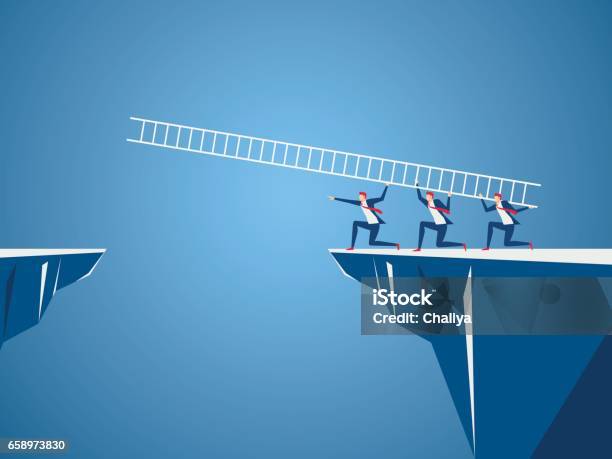 Vetores de Equipe De Negócios Usando A Escada Para Atravessar O Fosso Entre A Colina Conceito De Trabalho Em Equipe O Risco E O Sucesso Do Negócio e mais imagens de Ponte