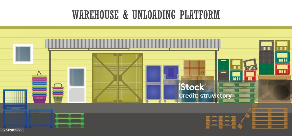 Front facade of the store unloading platform. Boxes, plastic containers, pallets, baskets under a canopy. Vector flat  illustration. Back stock vector