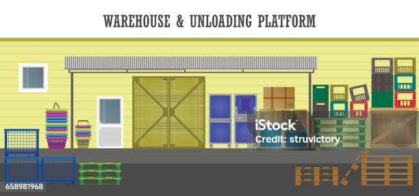 Front Facade Of The Store Unloading Platform Boxes Plastic Containers Pallets Baskets Under A Canopy Vector Flat Illustration Stock Illustration - Download Image Now