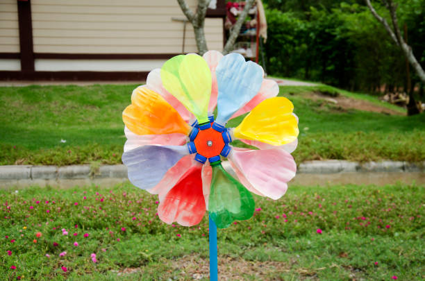 Colorful pinwheel and windmill toy made from plastic bottle recycle