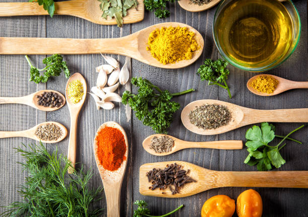 istock Various spice on wooden spoons with herbs 658991100