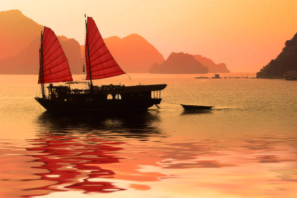 Junk boat at sunset in Halong Bay, Vietnam Junk boat at sunset in Halong Bay, Vietnam vietnamese culture photos stock pictures, royalty-free photos & images