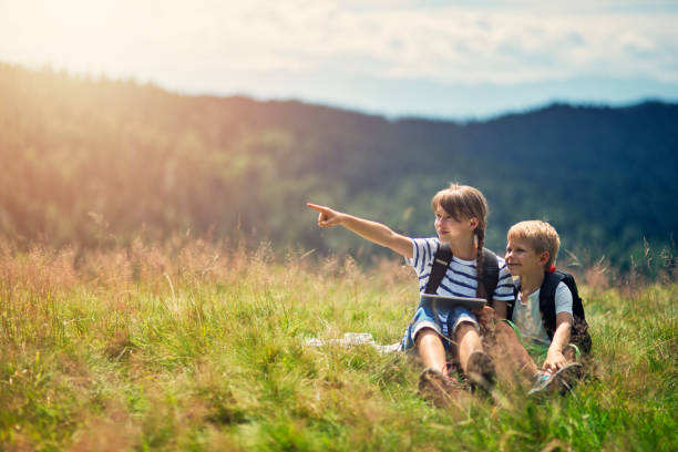 Brother and sister hikers aged 10 and 7 are sitting in the grassy meadow . Gentle sloped hill covered by mixed forest visible in the background.\n\n