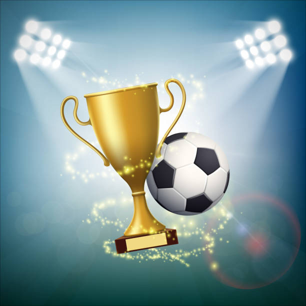 ilustraciones, imágenes clip art, dibujos animados e iconos de stock de balón de fútbol con la copa de oro del campeonato. - world cup