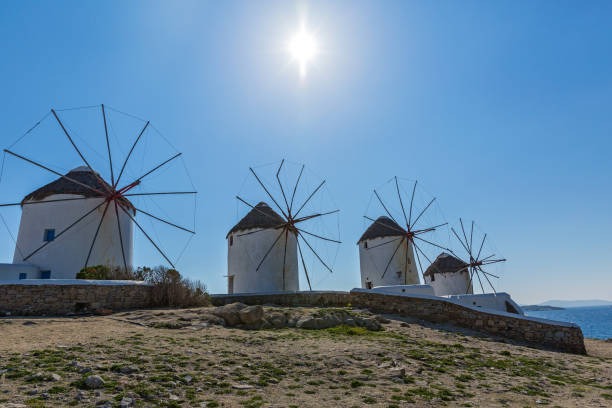 istock Old windmills of island Mykonos 659018380