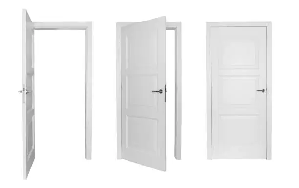Set of different white doors isolated on white background