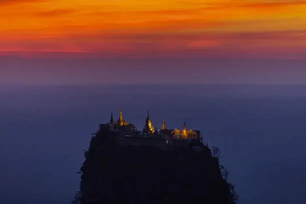 sunset over high sacred place of Mount Popa Myanmar (Burma)