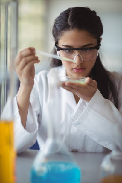 istock Attentive schoolgirl experimenting in laboratory 659082974