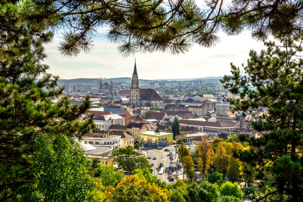 Aerial view with St. Michael's Church-tower, the largest Gothic-style church in Cluj, Romania
