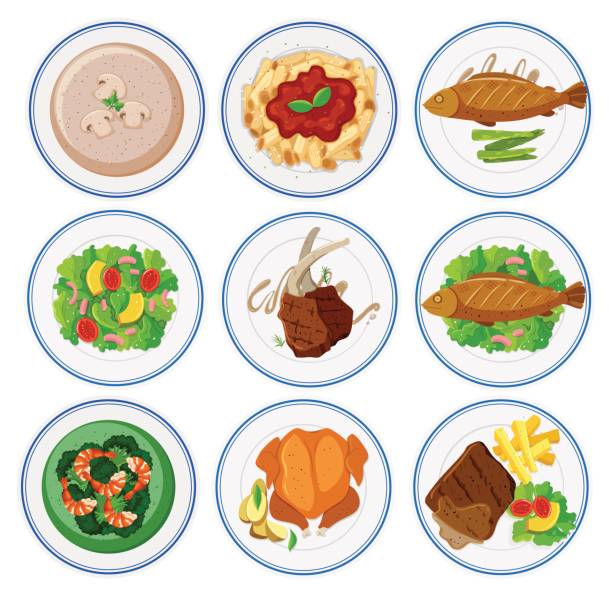 różne rodzaje żywności na okrągłych talerzach - roast chicken illustrations stock illustrations