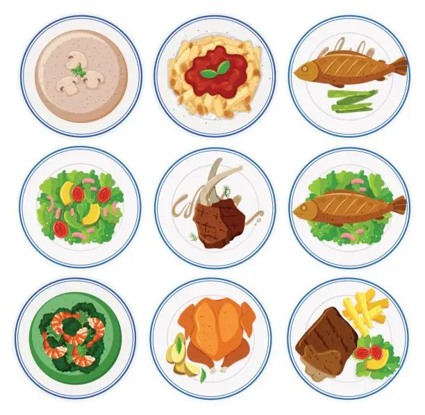 Vector illustration of Different types of food on round plates